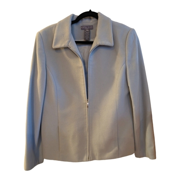 Kate Hill Wool Cashmere Blend Light Blue Zip Front Jacket Size 12P Flaws - Picture 1 of 7